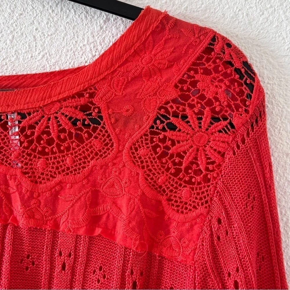 Free People Knit Crochet Eyelet Flare Sleeve Linen Blend Top Women Medium Orange